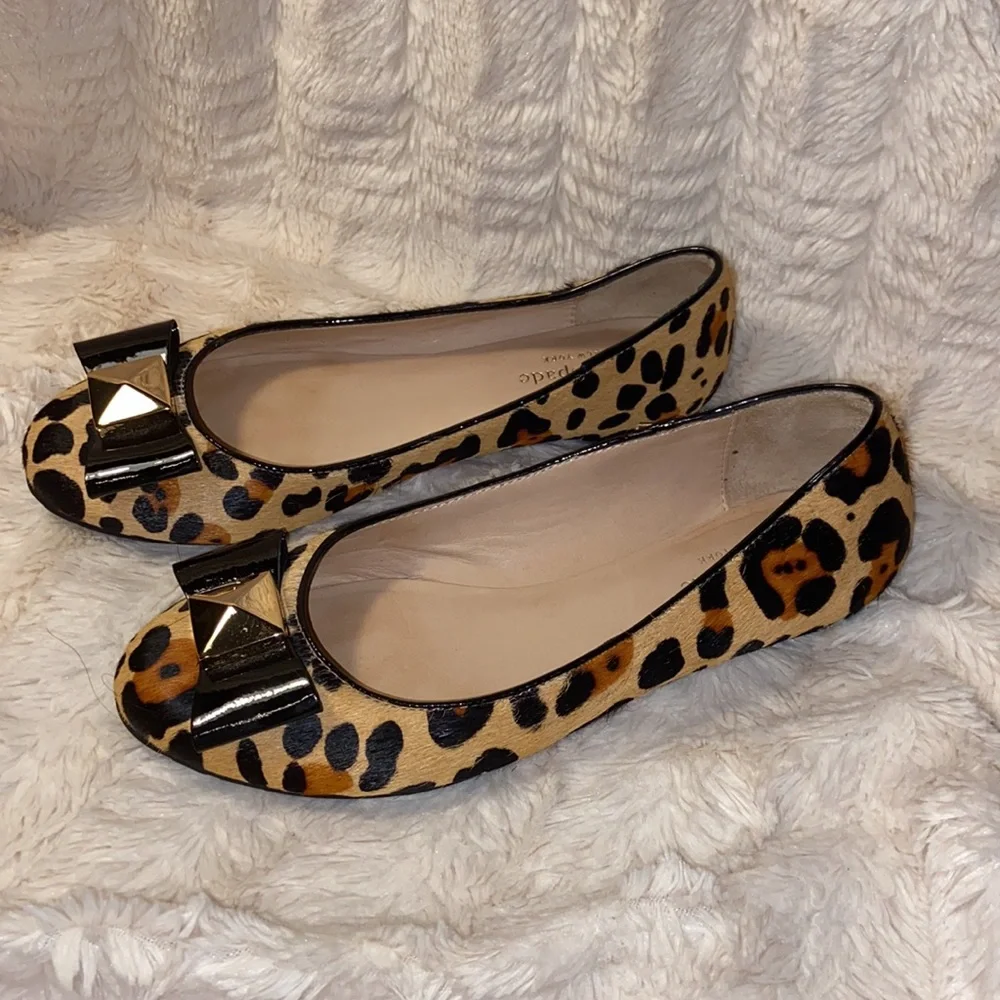 Kate Spade Leopard Cheetah Print Black Bow Calf Hair Flats Ballet Shoes